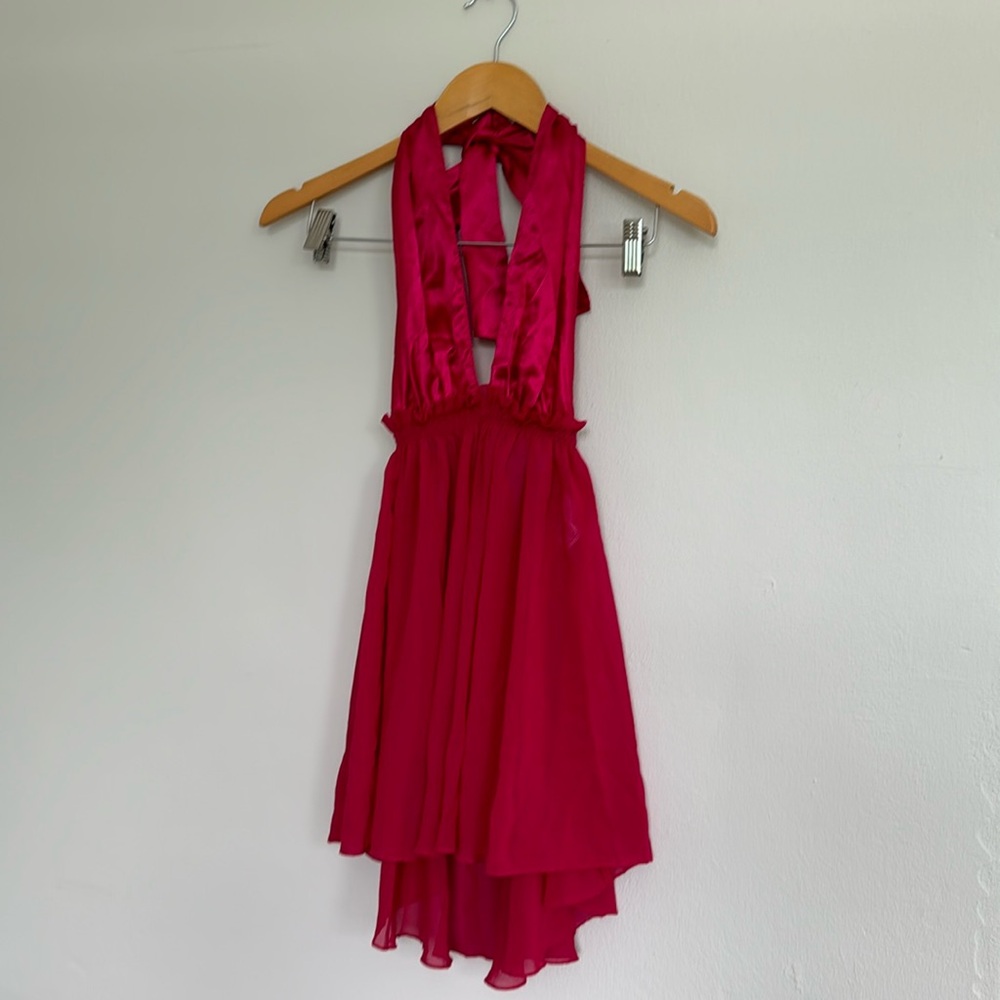Bundle Halter Backless Pajama Night Dress Sleeveless & Pantie M Red Silky